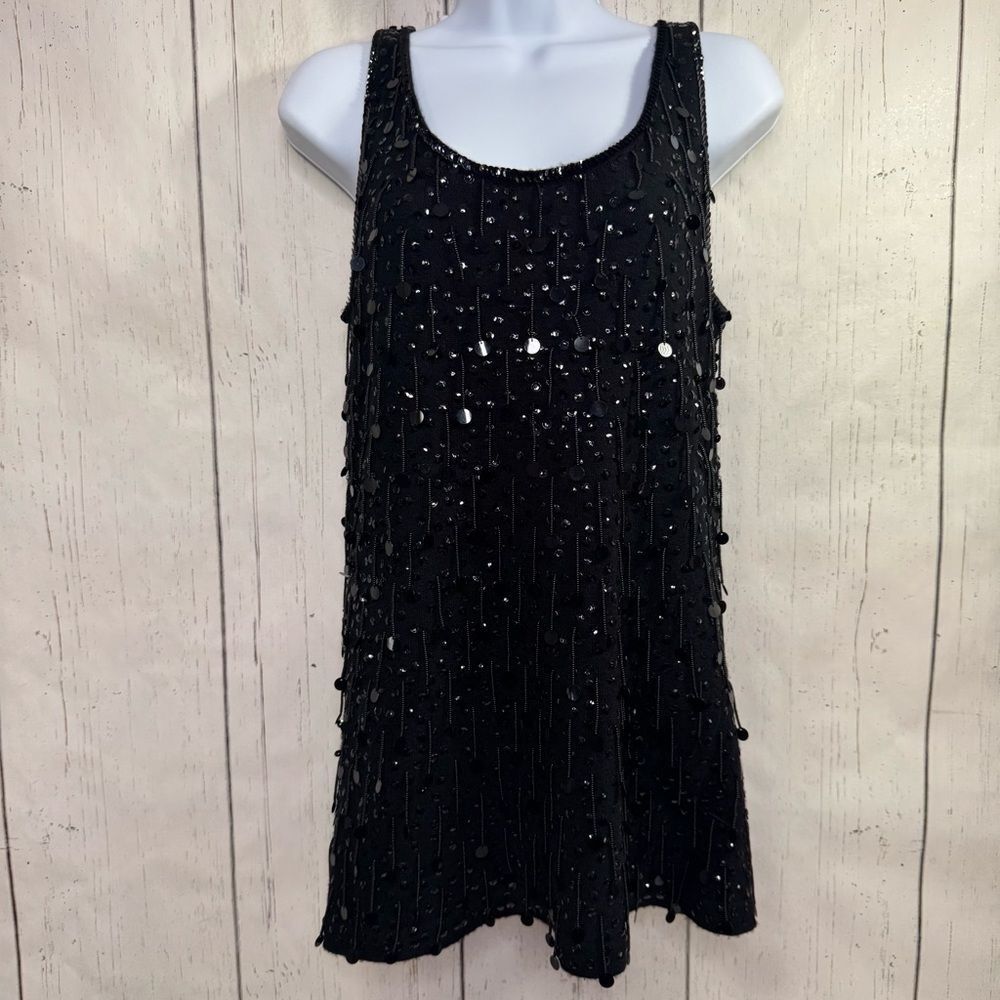 Vintage Adrienne Vittadini Black Sequin Lambswool Tank Dress Top S Disco Retro